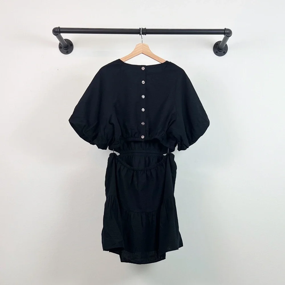 NWT Madewell Seersucker Puff-Sleeve Cutout Mini Dress in Black - Picture 9 of 10